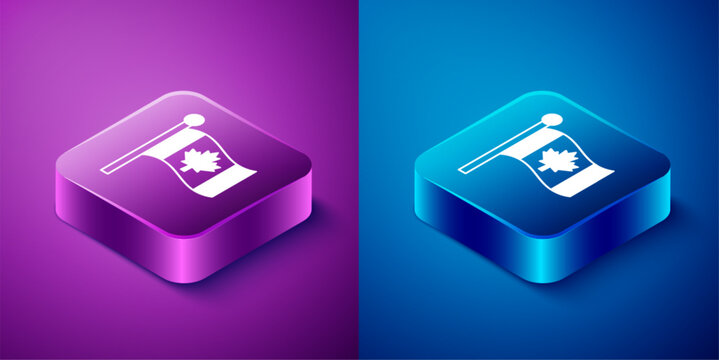 Isometric Flag of Canada icon isolated on blue and purple background. North America country flag on flagpole. Square button. Vector