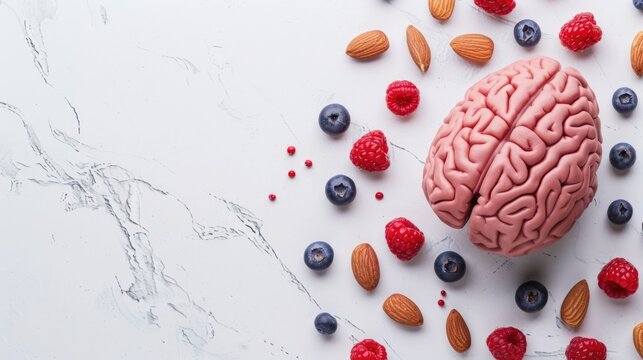 A pink brain model is artfully arranged with almonds vibrant blueberries and juicy raspberries on a textured white marble surface representing the connection between food and brain health