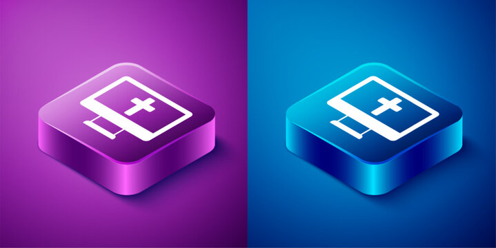 Isometric Christian cross on monitor icon isolated on blue and purple background. Church cross. Square button. Vector