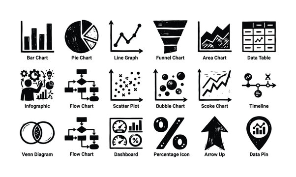 Collection of hand-drawn icons representing various data visualization and business concepts