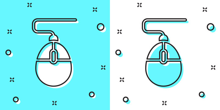 Black line Computer mouse gaming icon isolated on green and white background. Optical with wheel symbol. Random dynamic shapes. Vector