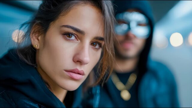 Worried woman in dark clothing with suspicious masked figure behind her, symbolizing fear, threat, and urban danger
