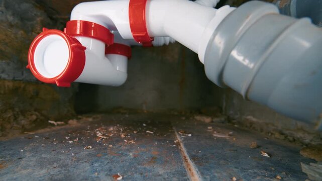 New Plastic Siphon Pipe Installed Under Bathtub &mdash; Wide-Angle Close-Up View | White PVC Drain Trap with Red Clamps Connected to Gray Sewage Pipe | Plumbing Repair and Replacement