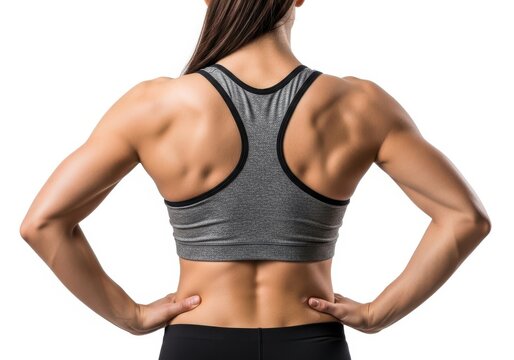 Woman wearing sports strapless bra from behind isolated on white background