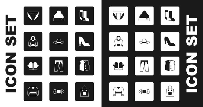 Set Socks, Elegant women hat, Hoodie, Men underpants, Woman shoe, Beanie, Waistcoat and Christmas mittens icon. Vector