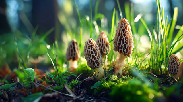 Fresh spring morel mushrooms growing in a forest clearing among green moss and young grass, soft morning light, shallow depth of field, natural earthy tones