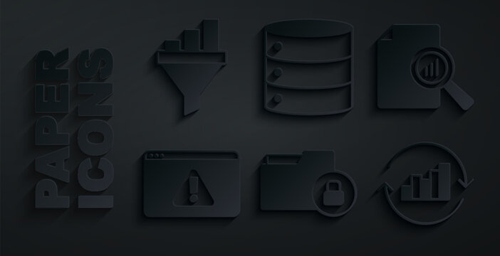 Set Folder and lock, Document with graph chart, Browser exclamation mark, Pie infographic, Server and Sales funnel icon. Vector
