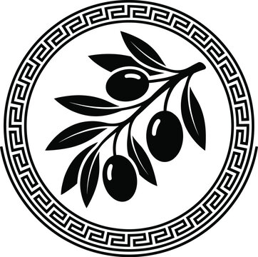 Black olive branch icon inside a circular greek meander frame Vector Geographical Indication product