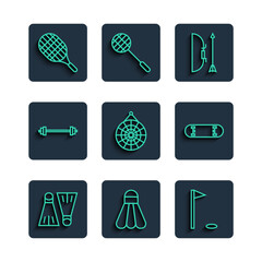 Set line Rubber flippers for swimming, Badminton shuttlecock, Golf flag, Bow and arrow quiver, Classic dart board, Barbell, Tennis racket and Skateboard trick icon. Vector © Kostiantyn