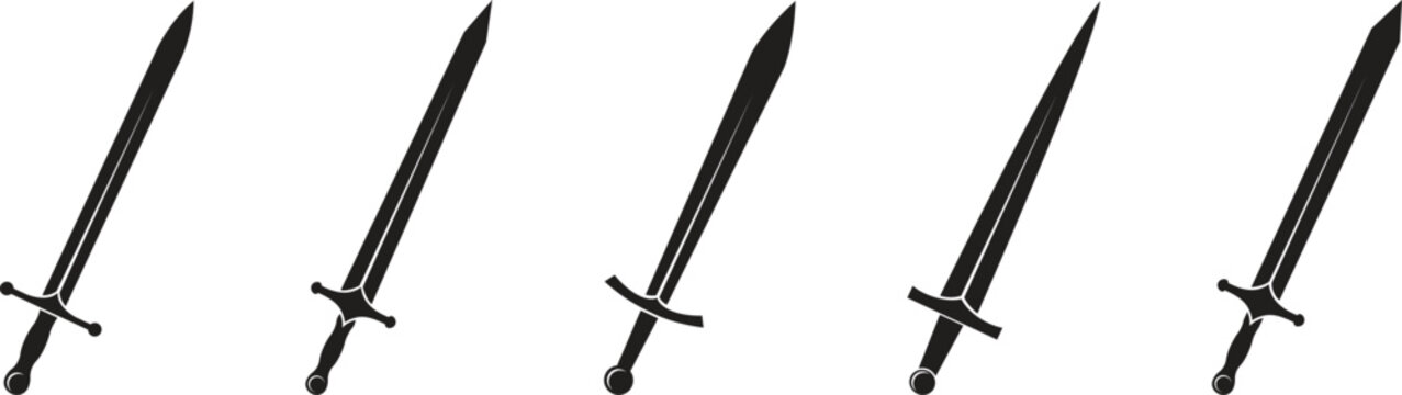 Sword icon set, medieval cold weapon symbols, knight blade and sabre silhouettes, ancient warrior equipment, battle and fight icons, gaming assets, vector black graphic collection.