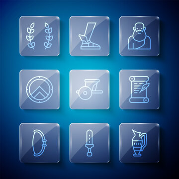 Set line Medieval bow, sword, Ancient amphorae, Socrates, chariot, Greek shield, Laurel wreath and Decree, parchment, scroll icon. Vector