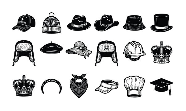 Collection of diverse headwear and crowns in a vintage illustration style