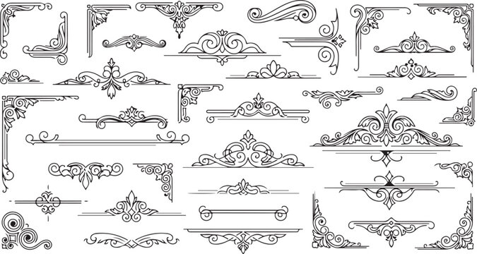 Vintage ornamental dividers and corners set, elegant black filigree vector flourishes, decorative floral swirl borders for wedding invitations