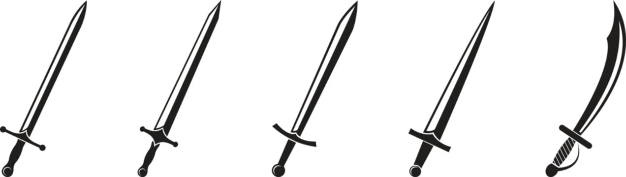 Sword icon set, medieval cold weapon symbols, knight blade and sabre silhouettes, ancient warrior equipment, battle and fight icons, gaming assets, vector black graphic collection.