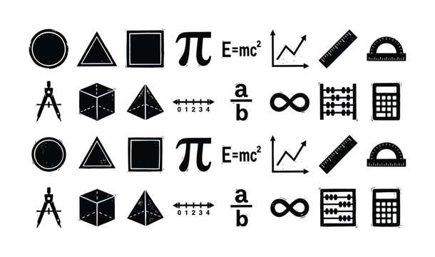 Collection of mathematical symbols and tools, geometric shapes, and formulas