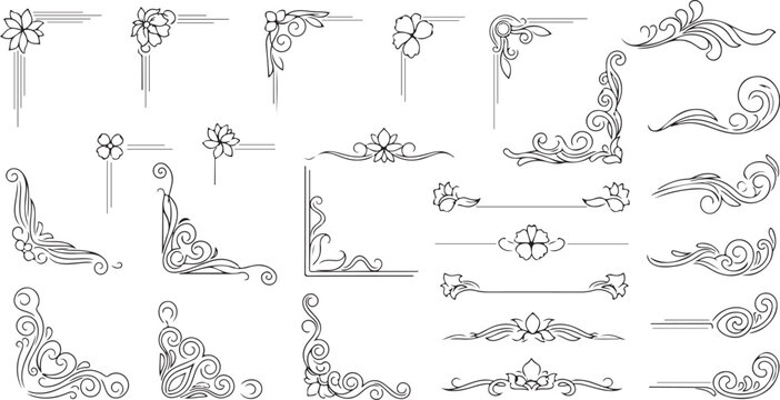 Vintage floral corner borders and decorative line dividers, elegant black outline flower ornaments, 21 vector design elements for wedding invitations