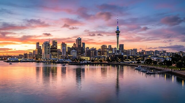 Auckland skyline at golden hour with modern skyscrapers, harbor reflections, and vibrant sunset glow