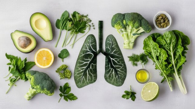 Vibrant flat lay featuring avocados broccoli lemon lime spinach and assorted herbs surrounding a detailed lung model curated to represent a healthy diet for lung function and overall well being