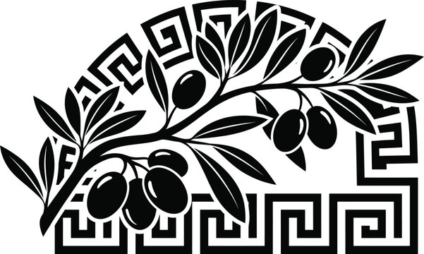 Black olive branch with traditional greek meander pattern Vector Geographical Indication product