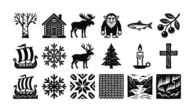 Collection of Scandinavian folklore and nature-inspired linocut style icons