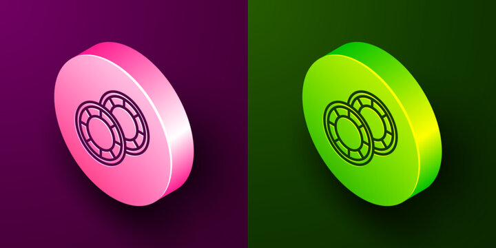 Isometric line Casino chips icon isolated on purple and green background. Casino gambling. Circle button. Vector