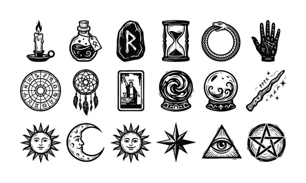 Collection of mystical and occult symbols for witchcraft and divination