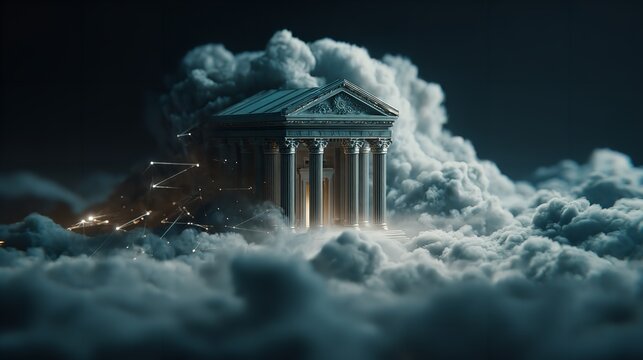 A cozy house nestled in the snow on a stormy night atop a mountain overlooking a big ocean wave breaking against the rocky coast under a dark sky