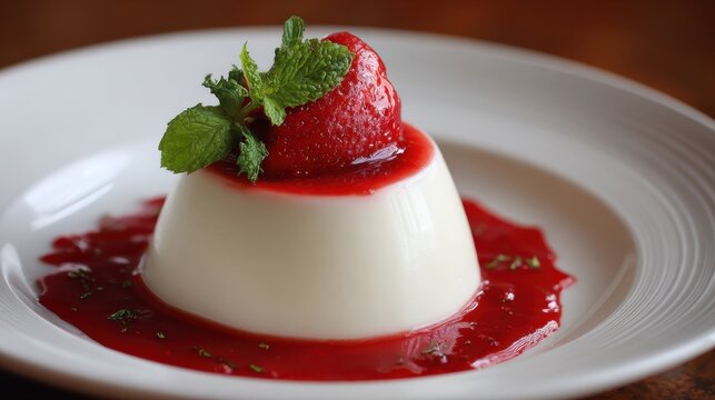 Creamy panna cotta dessert with fresh strawberry and mint garnish served on a white plate, surrounded by vibrant red berry sauce, a gourmet sweet treat.