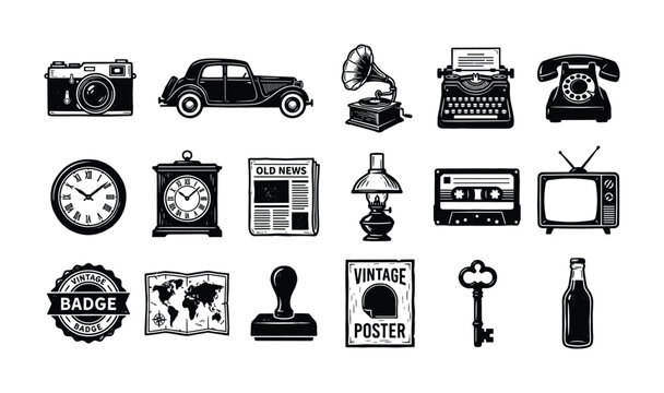 Collection of vintage objects and retro technology icons in black and white