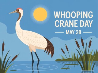 Fototapeta premium Whooping crane day celebration poster with a crane standing in a wetland habitat on may 28th