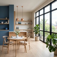 Fototapeta premium modern bright breakfast nook with wooden chairs and city view in cozy minimalist apartment interior