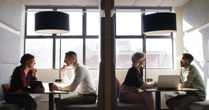 Coworking lounge, technology and business people discussion, communication and teamwork on planning project. Collaboration, advice and workforce consulting on online feedback, research or report info