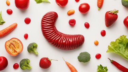 Naklejka premium A red pancreas model symbolizing digestive health is presented with a colorful array of fresh fruits and vegetables highlighting a balanced nutritious diet and wholesome lifestyle choices