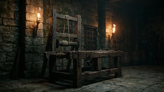 Medieval torture rack standing dimly lit stone dungeon, representing historical punishment.