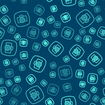 Green line Photo camera icon isolated seamless pattern on blue background. Foto camera. Digital photography. Vector