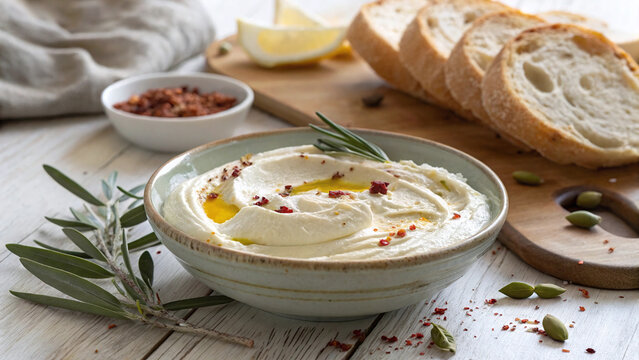 Photorealistic whipped feta spread with olive oil chili flakes and lemon zest in ceramic bowl on wooden table in soft natural light