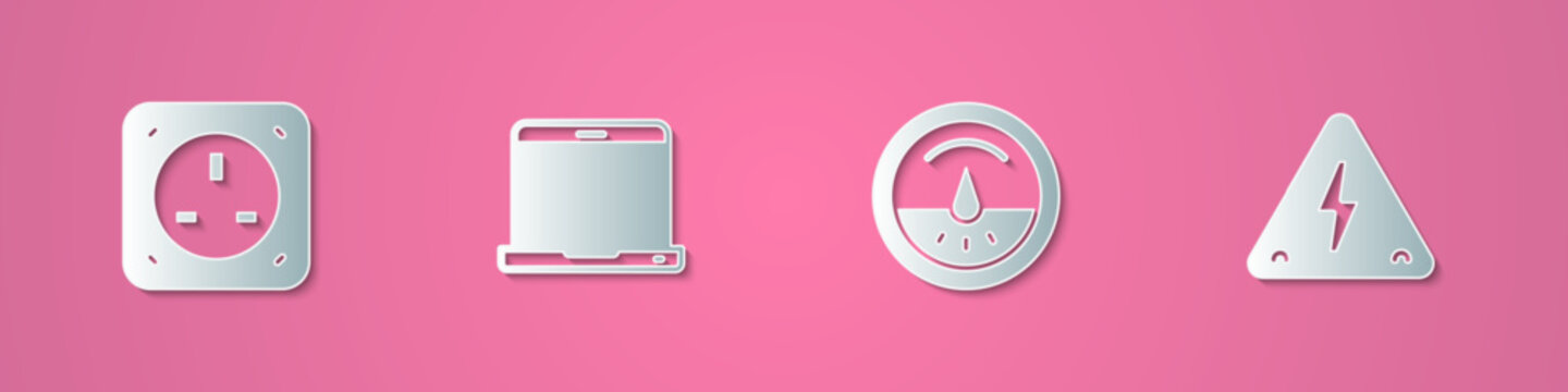 Set paper cut Electrical outlet, Laptop, meter and High voltage icon. Paper art style. Vector