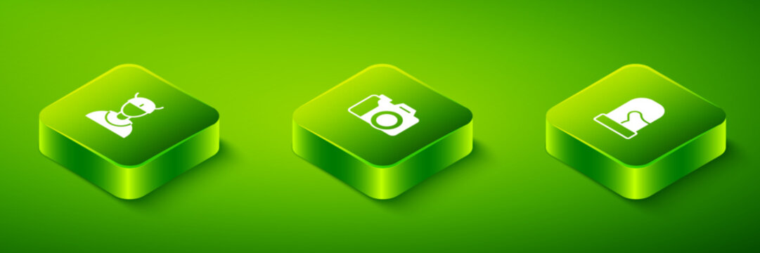 Set Isometric Photo camera, Christmas mittens and Viking head icon. Vector