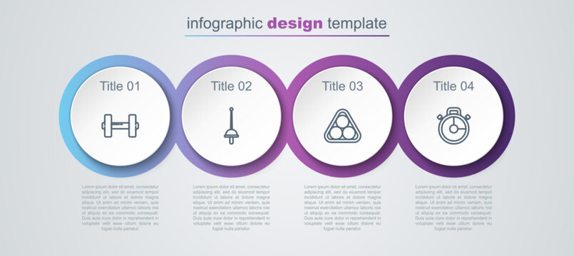 Set line Dumbbell, Fencing, Billiard balls a rack triangle and Stopwatch. Business infographic template. Vector