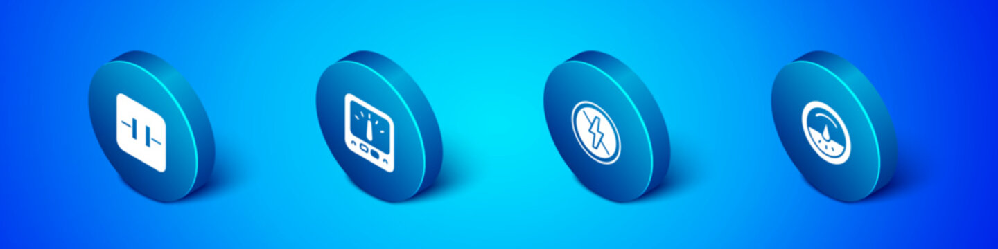 Set Isometric Electrolytic capacitor, No lightning, Electric meter and Ampere meter, multimeter icon. Vector