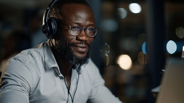 Professional man wearing headphones and glasses at night. Customer service, tech support, and remote work concept.