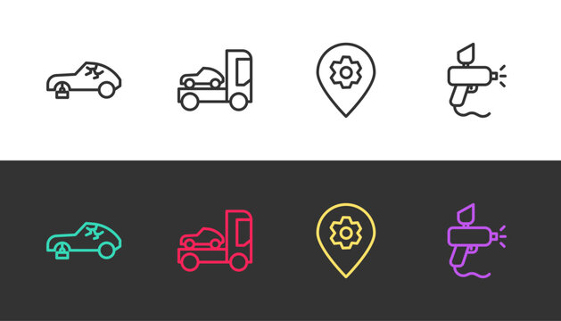 Set line Broken car, Car transporter truck, Location with service and Paint spray gun on black and white. Vector