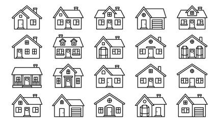 Fototapeta premium Set of black-line house icons showing diverse residential designs for real estate, architecture, and stock illustrations