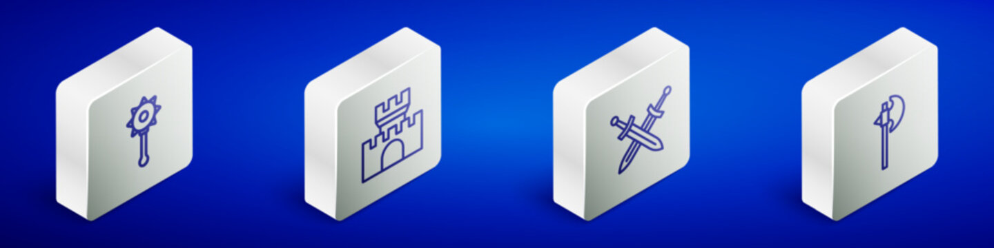 Set Isometric line Medieval chained mace ball, Castle, fortress, Crossed medieval sword and axe icon. Vector