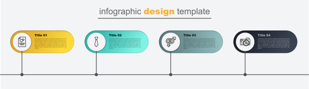 Set line Photo camera, Gender, Tie and Greeting card. Business infographic template. Vector