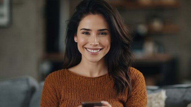 Young woman holding smartphone with confident smile. Digital communication, mobile app usage, and customer satisfaction concept.