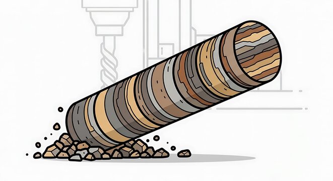 Drill bit cutting through layered rock core sample
