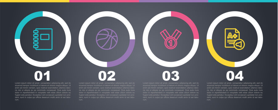 Set line Spiral notebook, Basketball ball, Medal and Exam sheet with A plus grade. Business infographic template. Vector