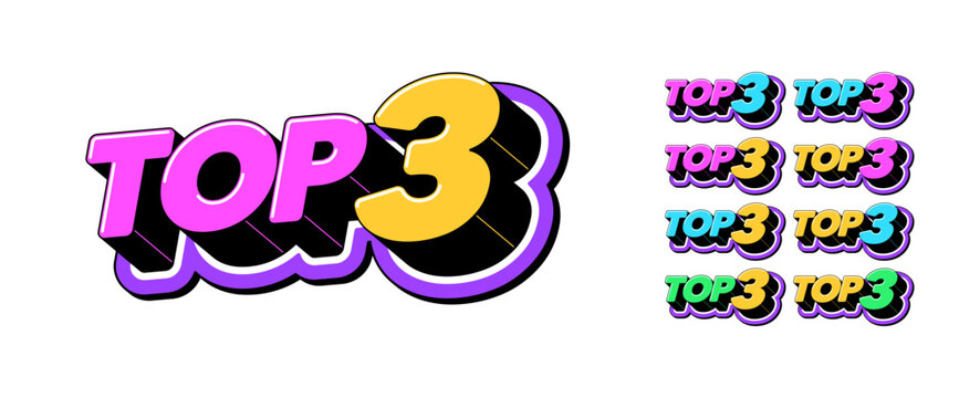 Top 3 rating, text icon set. Text top 3 in 3D style, best choice list, winner review, leader chart. Top3 tag, rank number with isometric letters for graphic design in pop art style, vector set