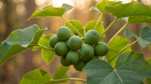 Close-up of Jatropha curcas plant with unripe green fruits and leaves in natural sunlight. Source of biofuel seeds